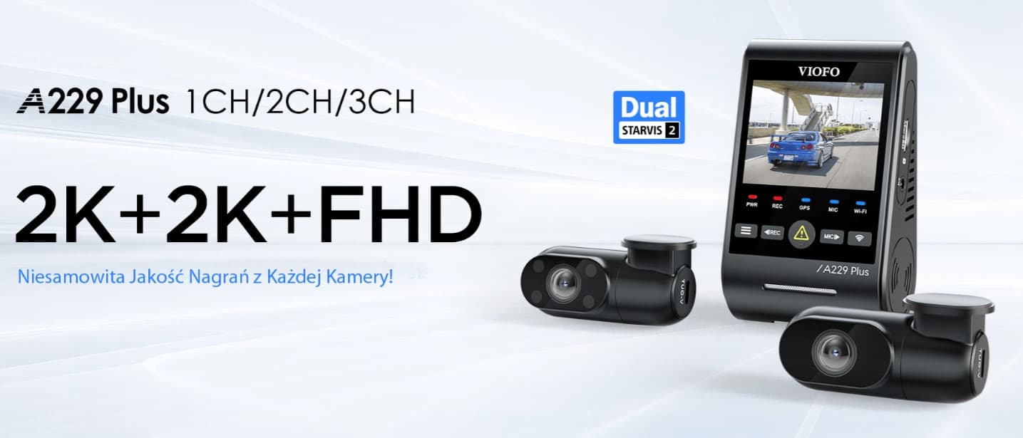 Viofo A229 Plus 3CH dyskretna kamera samochodowa przód 2K + tył 2K + wnętrze 1080P, GPS, Sony Starvis 2, G-sensor, mikrofon, Wi-Fi, BT