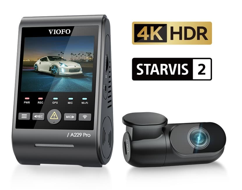 Viofo A229 Pro 2CH dyskretna kamera samochodowa przód 4K HDR + tył 2K GPS, Sony Starvis 2, G-sensor, mikrofon, Wi-Fi, BT
