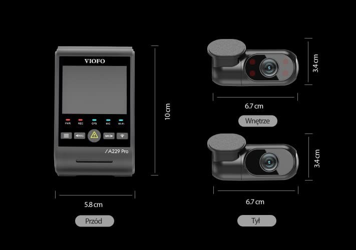 Viofo A229 Pro 3CH dyskretna kamera samochodowa przód 4K HDR + tył 2K HDR + wnętrze 1080P HDR, GPS, Sony Starvis 2, G-sensor, mikrofon, Wi-Fi, BT