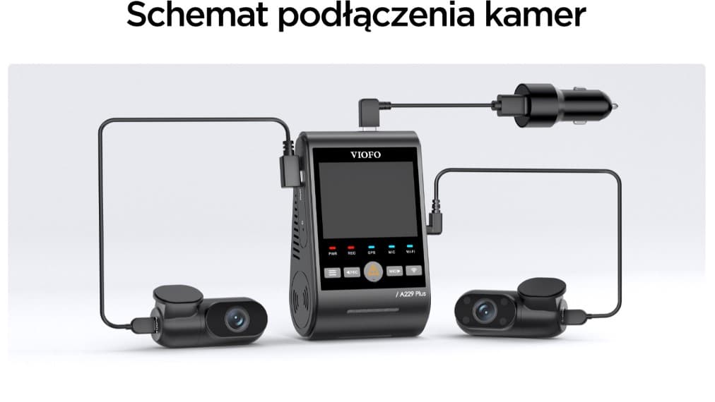 Viofo A229 Plus 3CH dyskretna kamera samochodowa przód 2K + tył 2K + wnętrze 1080P, GPS, Sony Starvis 2, G-sensor, mikrofon, Wi-Fi, BT