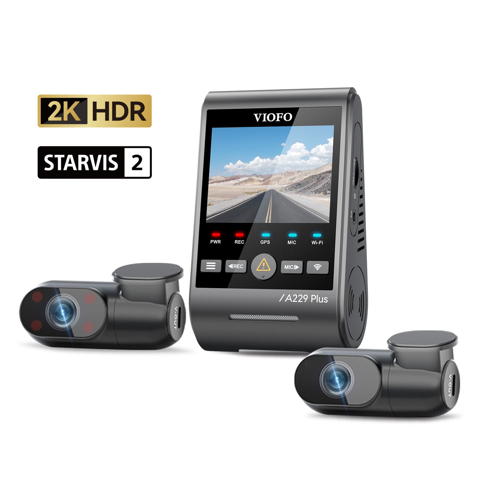 Viofo A229 Plus 3CH dyskretna kamera samochodowa przód 2K + tył 2K + wnętrze 1080P, GPS, Sony Starvis 2, G-sensor, mikrofon, Wi-Fi, BT