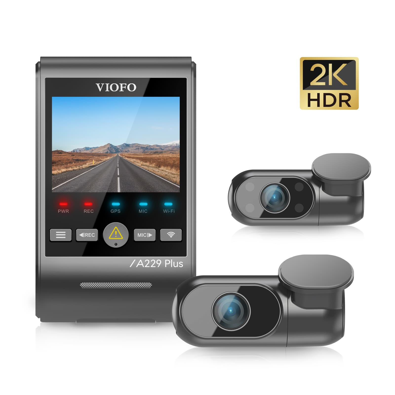 Viofo A229 Plus 3CH dyskretna kamera samochodowa przód 2K + tył 2K + wnętrze 1080P, GPS, Sony Starvis 2, G-sensor, mikrofon, Wi-Fi, BT