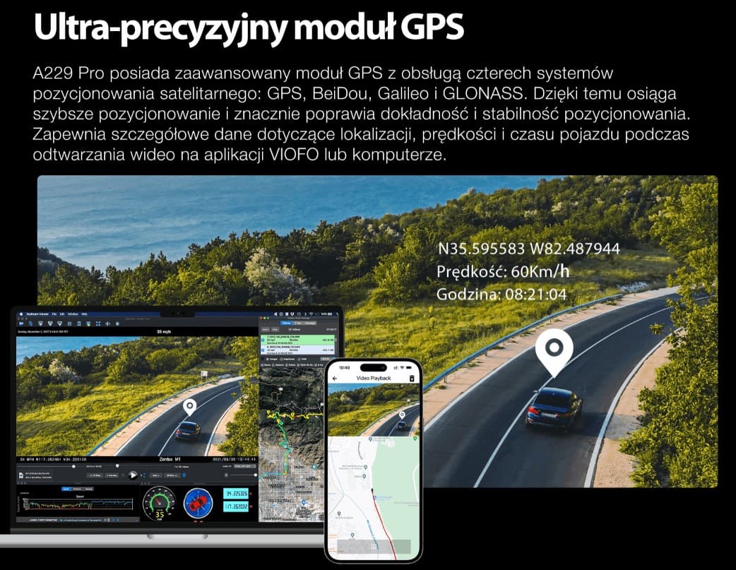 Viofo A229 Pro dyskretna kamera samochodowa przód 4K HDR, GPS, Sony Starvis 2, G-sensor, mikrofon, Wi-Fi, BT