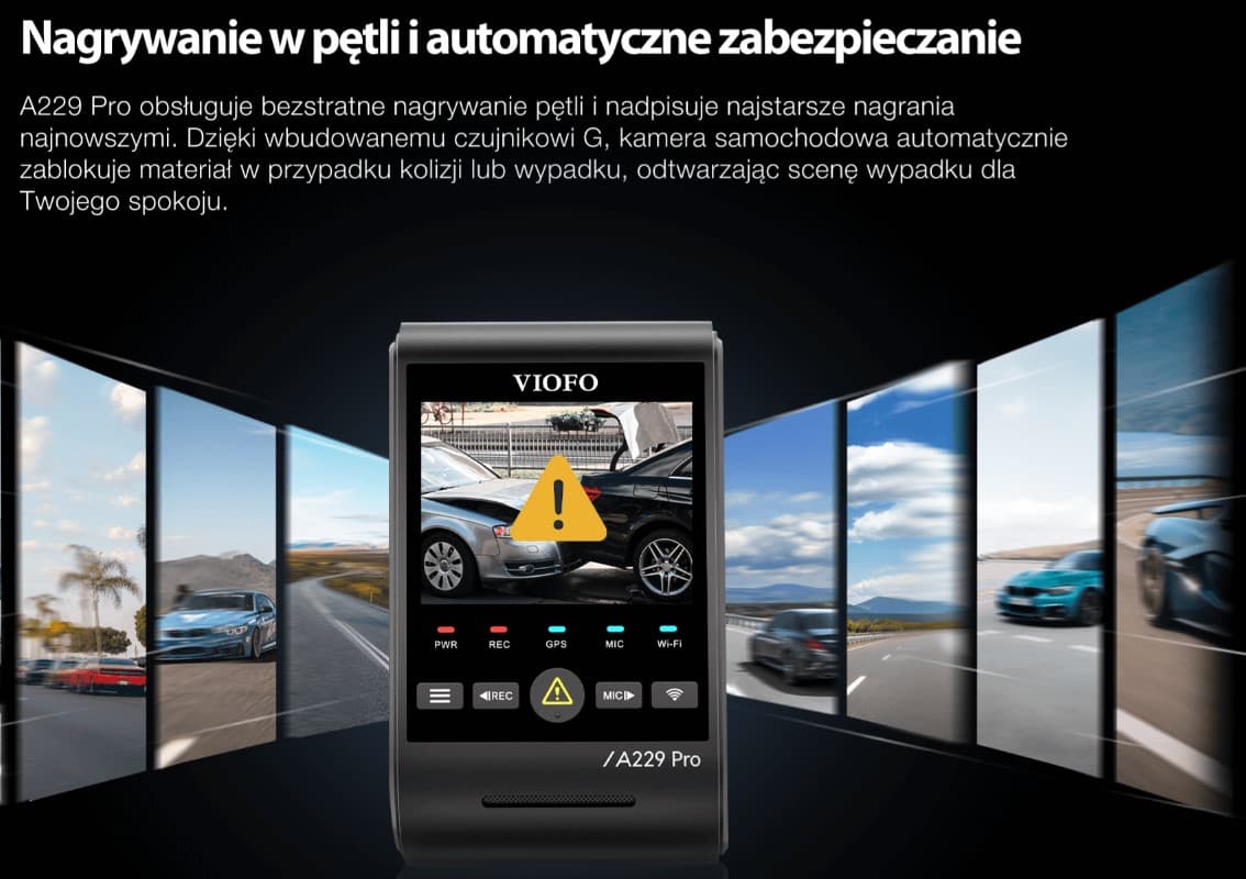 Viofo A229 Pro dyskretna kamera samochodowa przód 4K HDR, GPS, Sony Starvis 2, G-sensor, mikrofon, Wi-Fi, BT