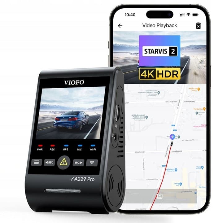 Viofo A229 Pro dyskretna kamera samochodowa przód 4K HDR, GPS, Sony Starvis 2, G-sensor, mikrofon, Wi-Fi, BT