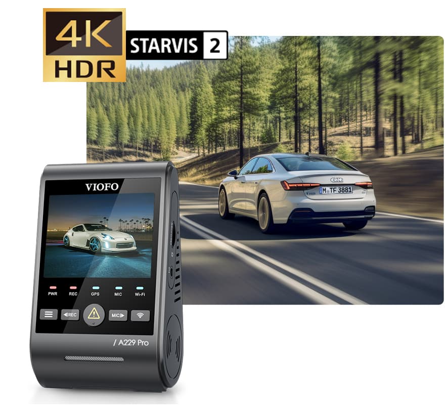 Viofo A229 Pro dyskretna kamera samochodowa przód 4K HDR, GPS, Sony Starvis 2, G-sensor, mikrofon, Wi-Fi, BT