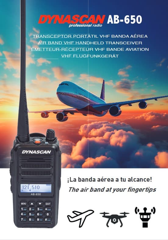 Dynascan AB-650 radiotelefon lotniczy ręczny, moc 6W PEP, VOX, bateria 2600mAh, przycisk alarmowy (radio lotnicze przenośne airband VHF)