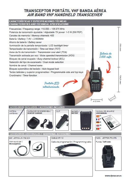 Dynascan AB-650 radiotelefon lotniczy ręczny, moc 6W PEP, VOX, bateria 2600mAh, przycisk alarmowy (radio lotnicze przenośne airband VHF)