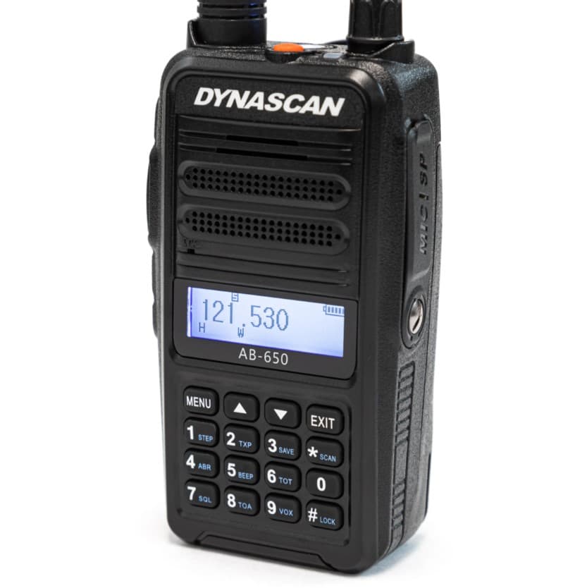 Dynascan AB-650 radiotelefon lotniczy ręczny, moc 6W PEP, VOX, bateria 2600mAh, przycisk alarmowy (radio lotnicze przenośne airband VHF)