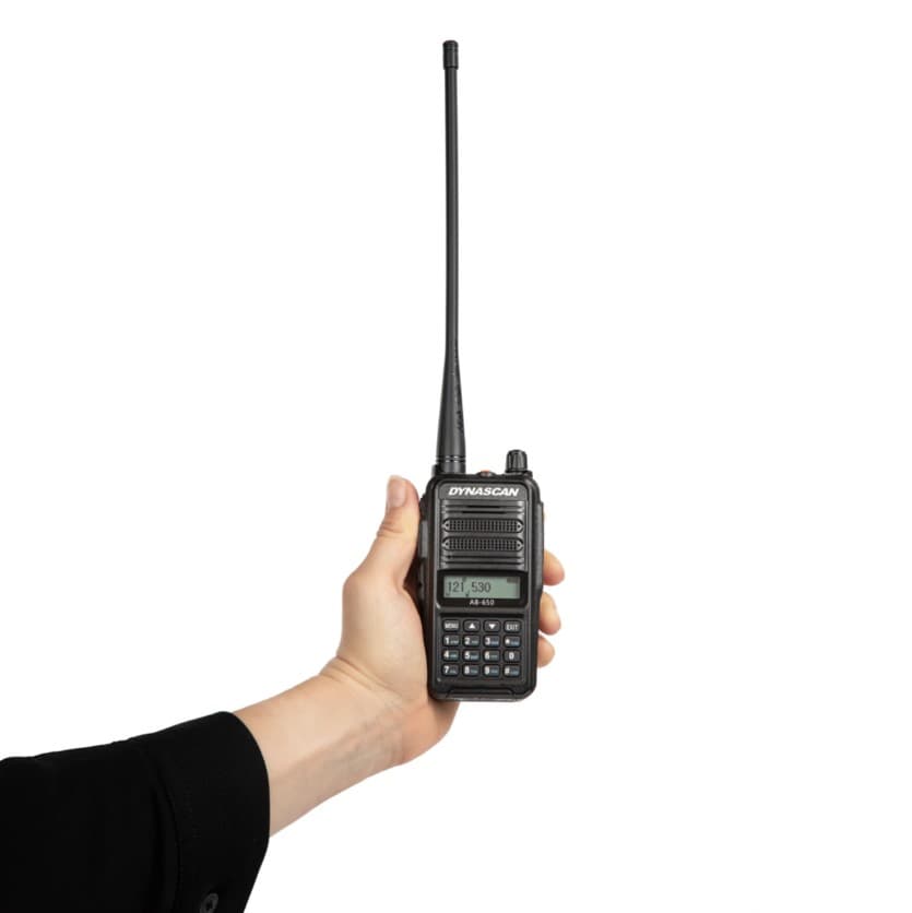 Dynascan AB-650 radiotelefon lotniczy ręczny, moc 6W PEP, VOX, bateria 2600mAh, przycisk alarmowy (radio lotnicze przenośne airband VHF)
