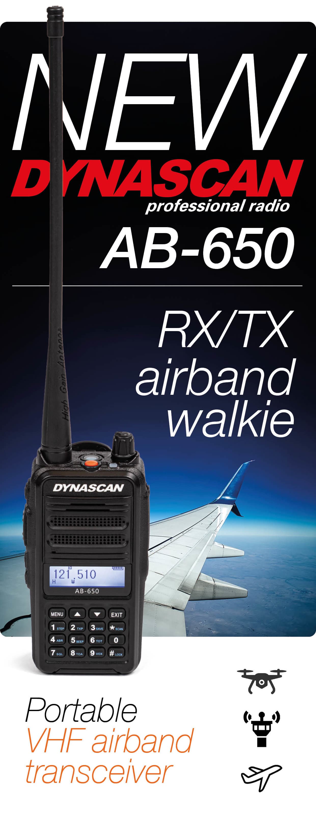 Dynascan AB-650 radiotelefon lotniczy ręczny, moc 6W PEP, VOX, bateria 2600mAh, przycisk alarmowy (radio lotnicze przenośne airband VHF)