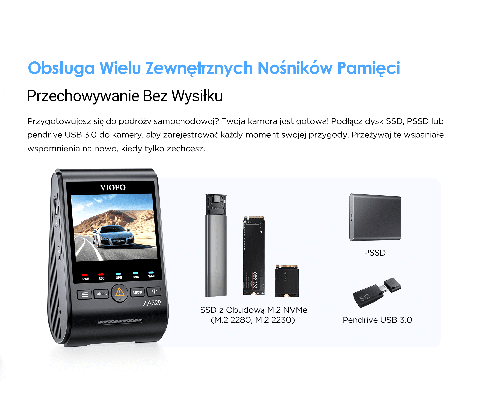 VIOFO A329 1CH kamera samochodowa przód 4K 60FPS, obsługa dysków SSD, HDR, GPS, Sony Starvis 2, G-sensor, mikrofon, Wi-Fi, BT