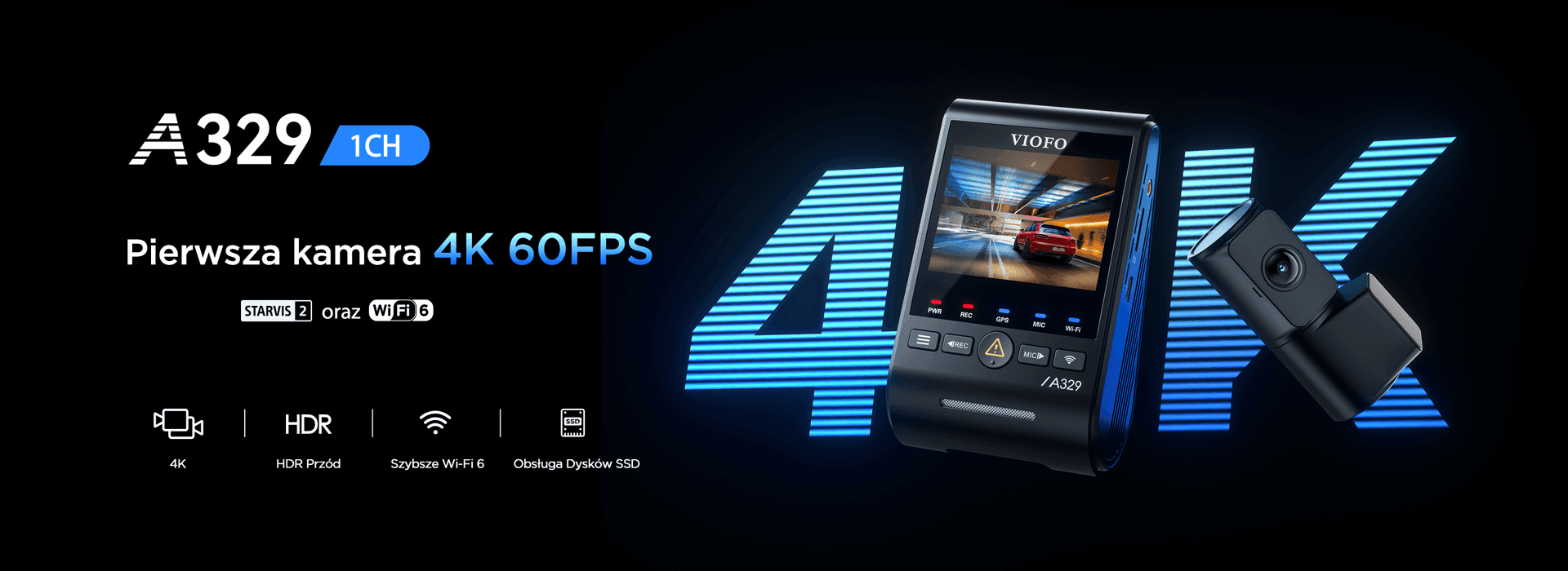 VIOFO A329 1CH kamera samochodowa przód 4K 60FPS, obsługa dysków SSD, HDR, GPS, Sony Starvis 2, G-sensor, mikrofon, Wi-Fi, BT