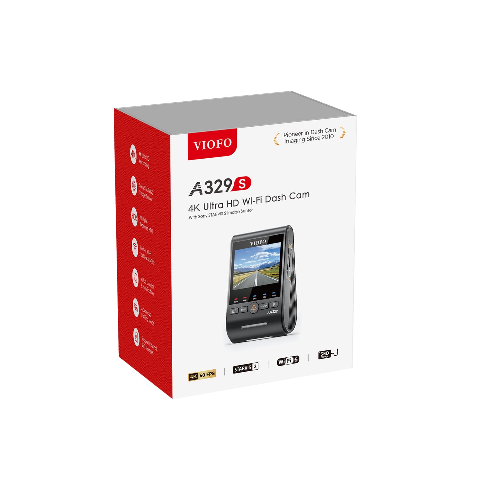VIOFO A329S 1CH kamera samochodowa przód 4K 60FPS, obsługa dysków SSD, HDR, GPS, Sony Starvis 2, G-sensor, mikrofon, Wi-Fi 6, BT