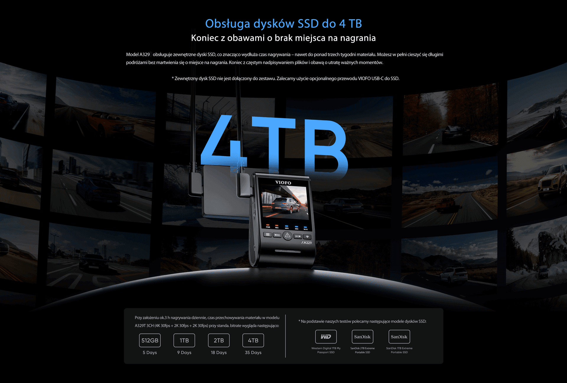 VIOFO A329S 1CH kamera samochodowa przód 4K 60FPS, obsługa dysków SSD, HDR, GPS, Sony Starvis 2, G-sensor, mikrofon, Wi-Fi 6, BT