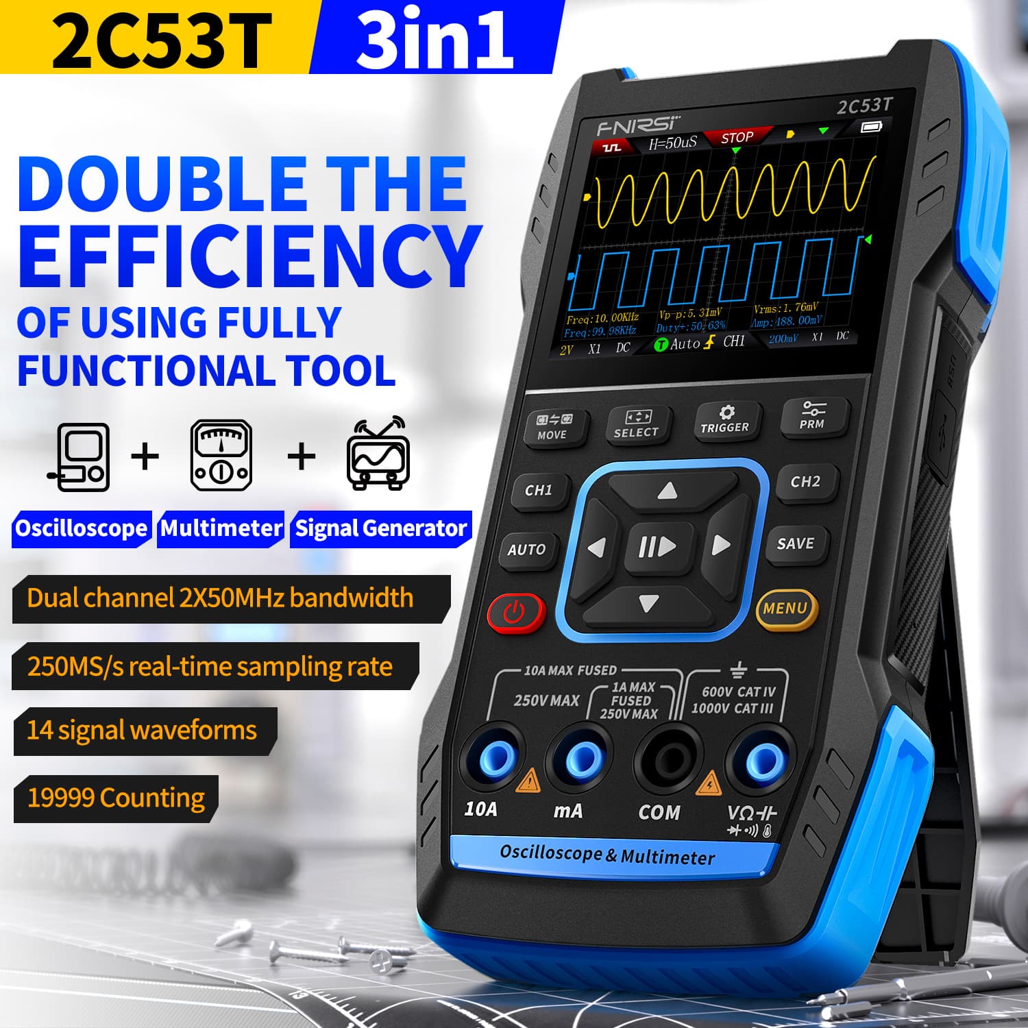 FNIRSI 2C53T 50MHz 250MS/s przenośny oscyloskop + multimetr + generator sygnałów DDS