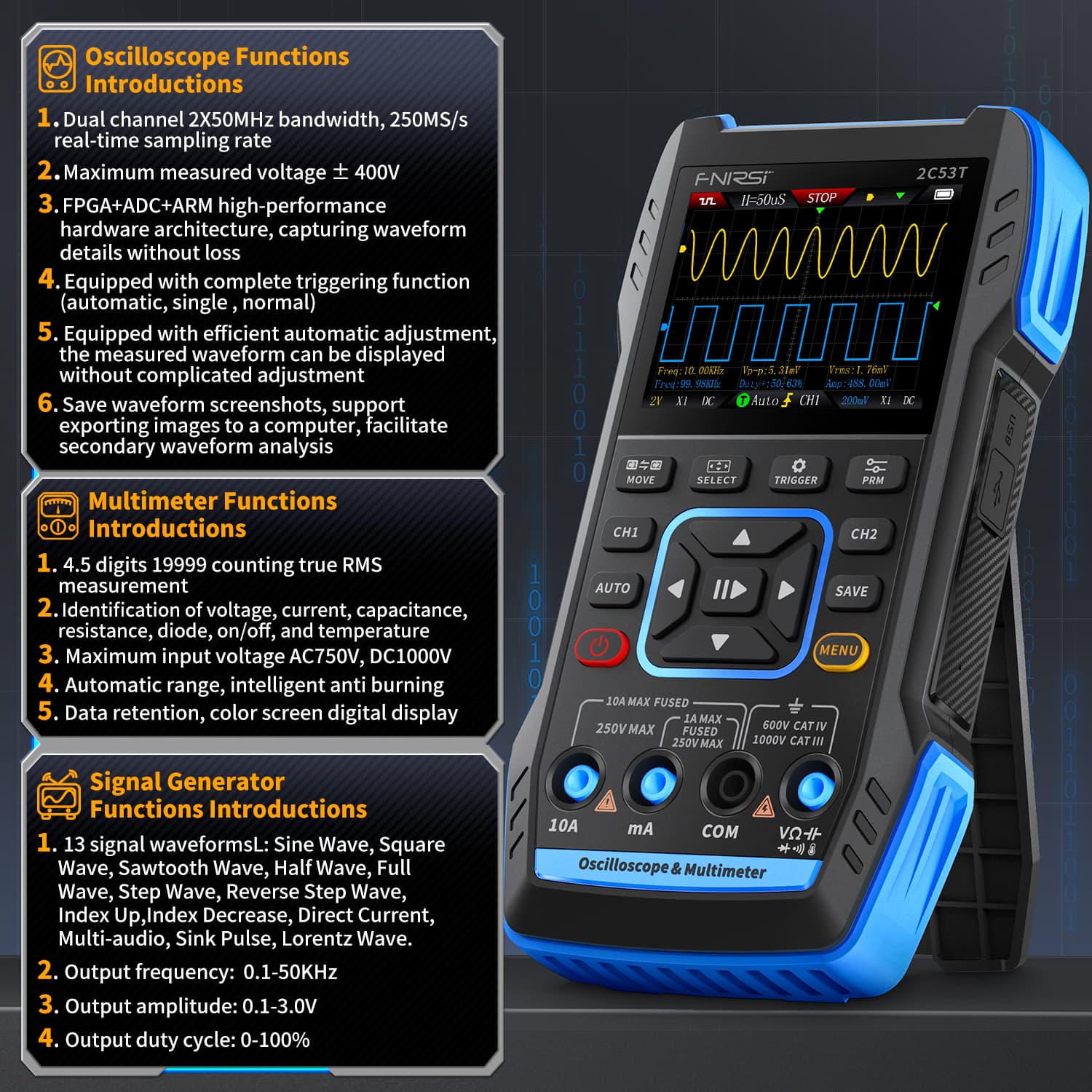 FNIRSI 2C53T 50MHz 250MS/s przenośny oscyloskop + multimetr + generator sygnałów DDS