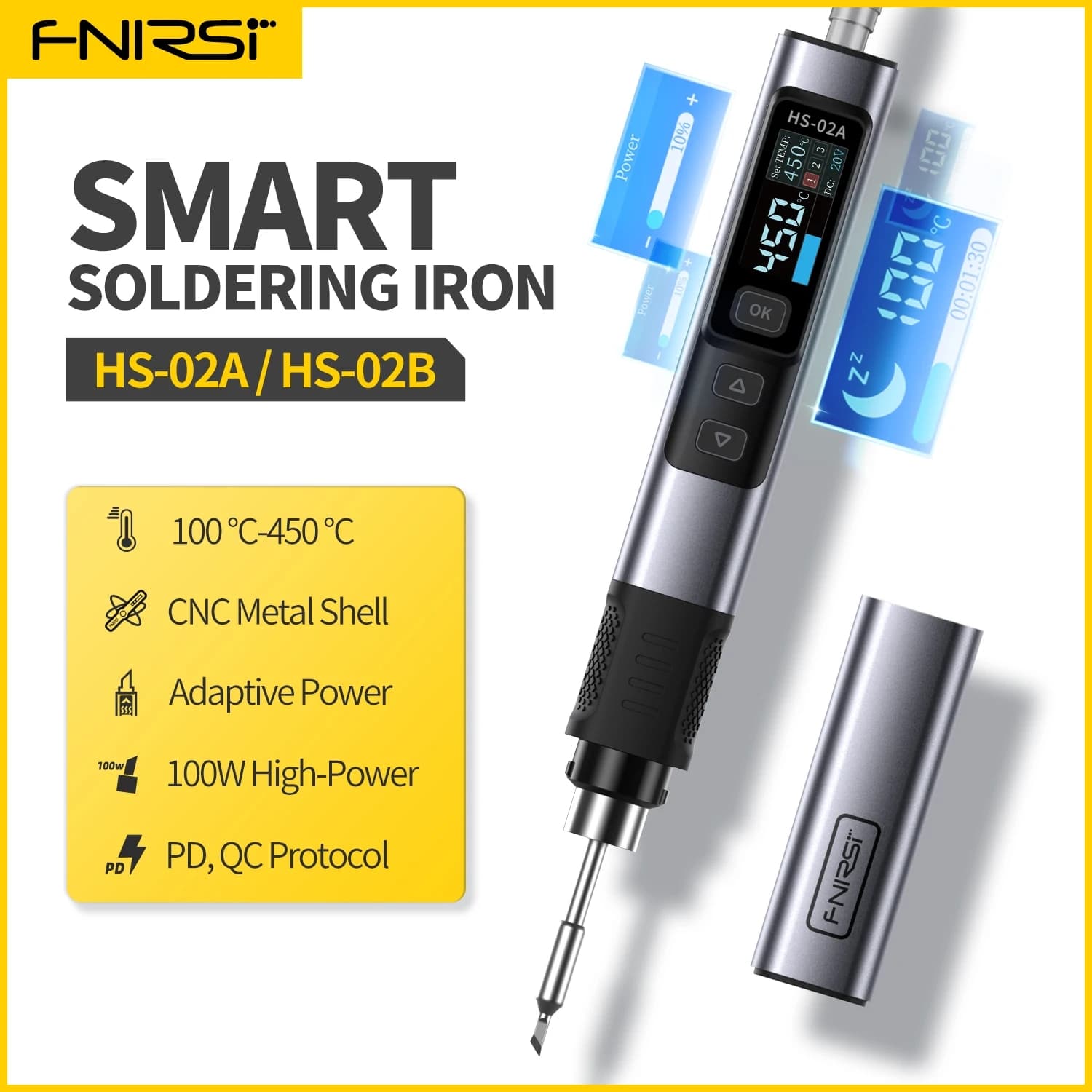 FNIRSI HS-02A przenośna lutownica cyfrowa 100W USB-C, 6 grotów + zasilacz GaN