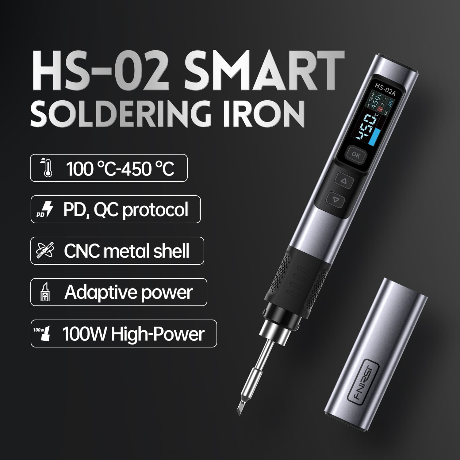 FNIRSI HS-02A przenośna lutownica cyfrowa 100W USB-C, 6 grotów + zasilacz GaN