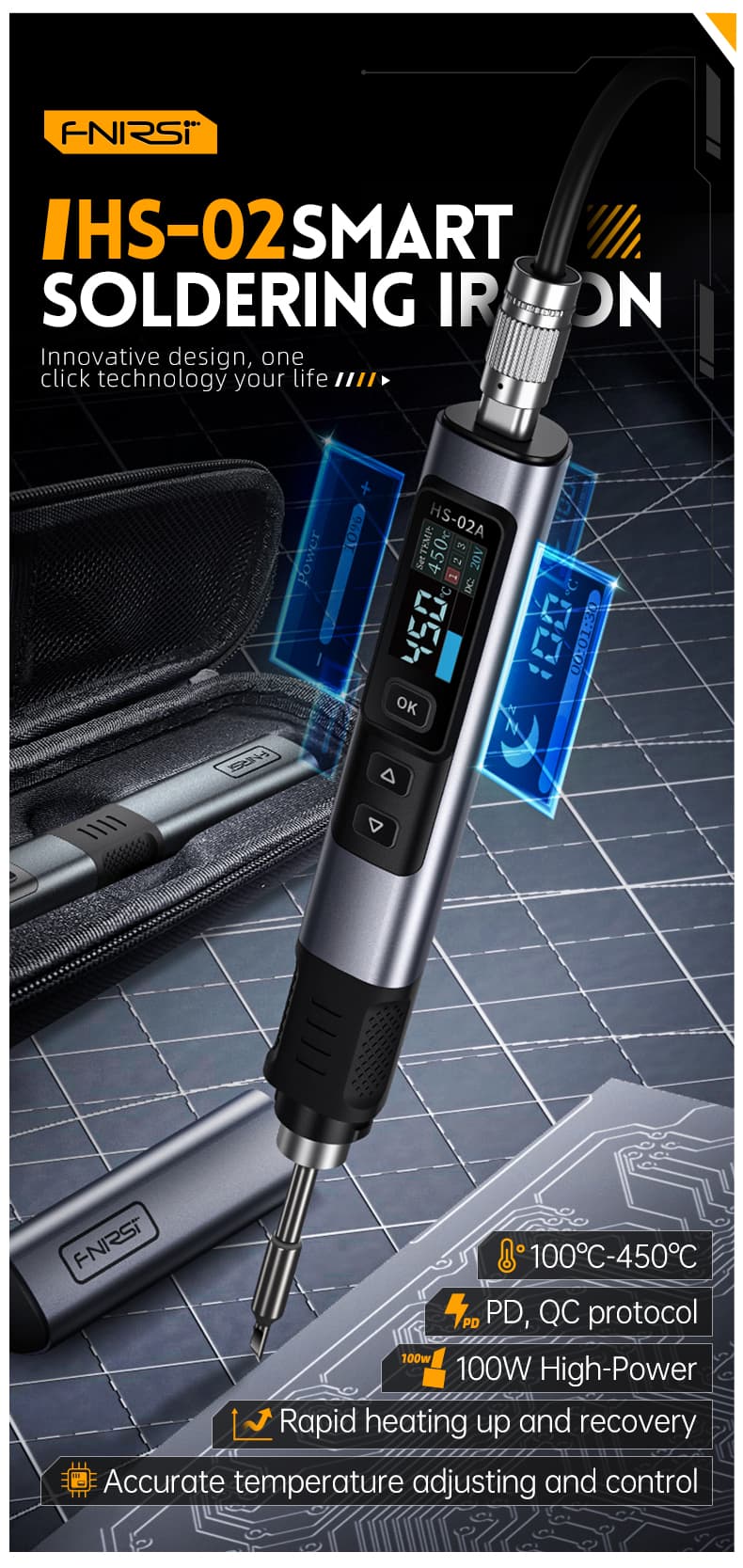 FNIRSI HS-02A przenośna lutownica cyfrowa 100W USB-C, 6 grotów + zasilacz GaN