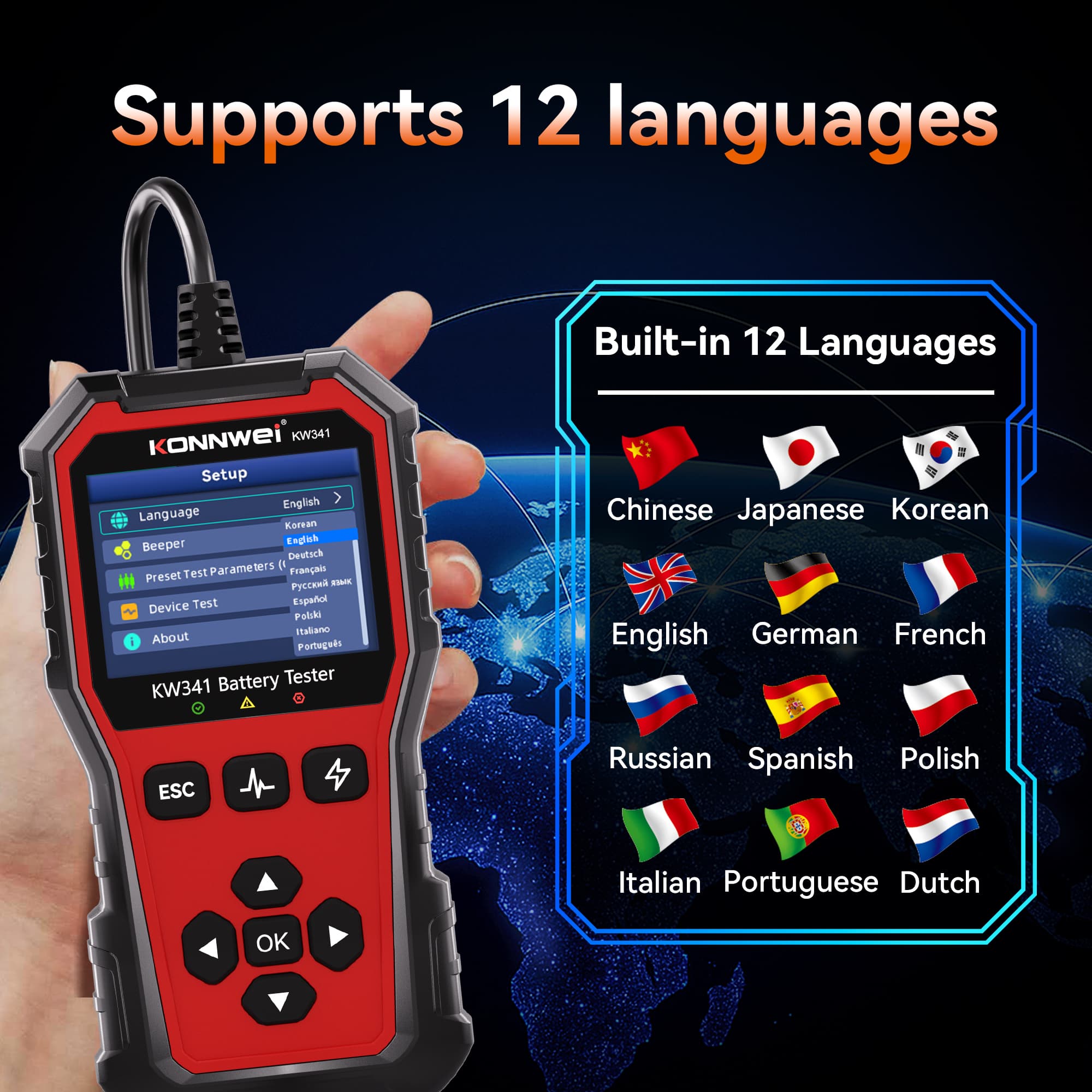 KONNWEI KW341 tester akumulatorów 6V / 12V / 24V - test ładowania, pod obciążeniem, żywotności itd. POLSKIE MENU (do osobowych, ciężarowych, motocykli)