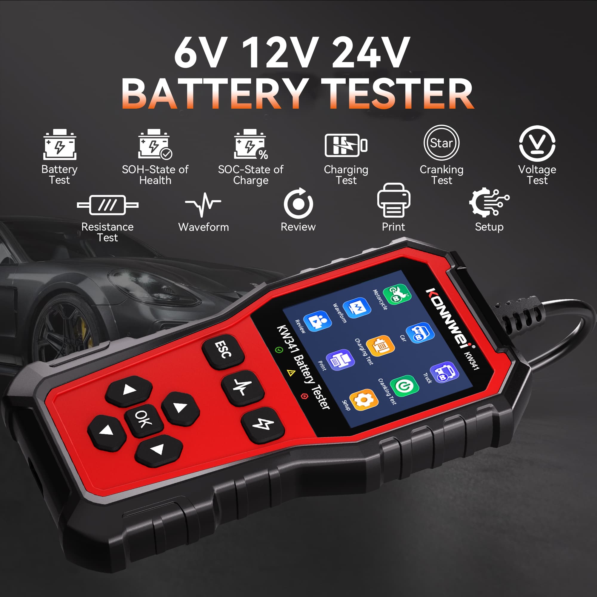 KONNWEI KW341 tester akumulatorów 6V / 12V / 24V - test ładowania, pod obciążeniem, żywotności itd. POLSKIE MENU (do osobowych, ciężarowych, motocykli)