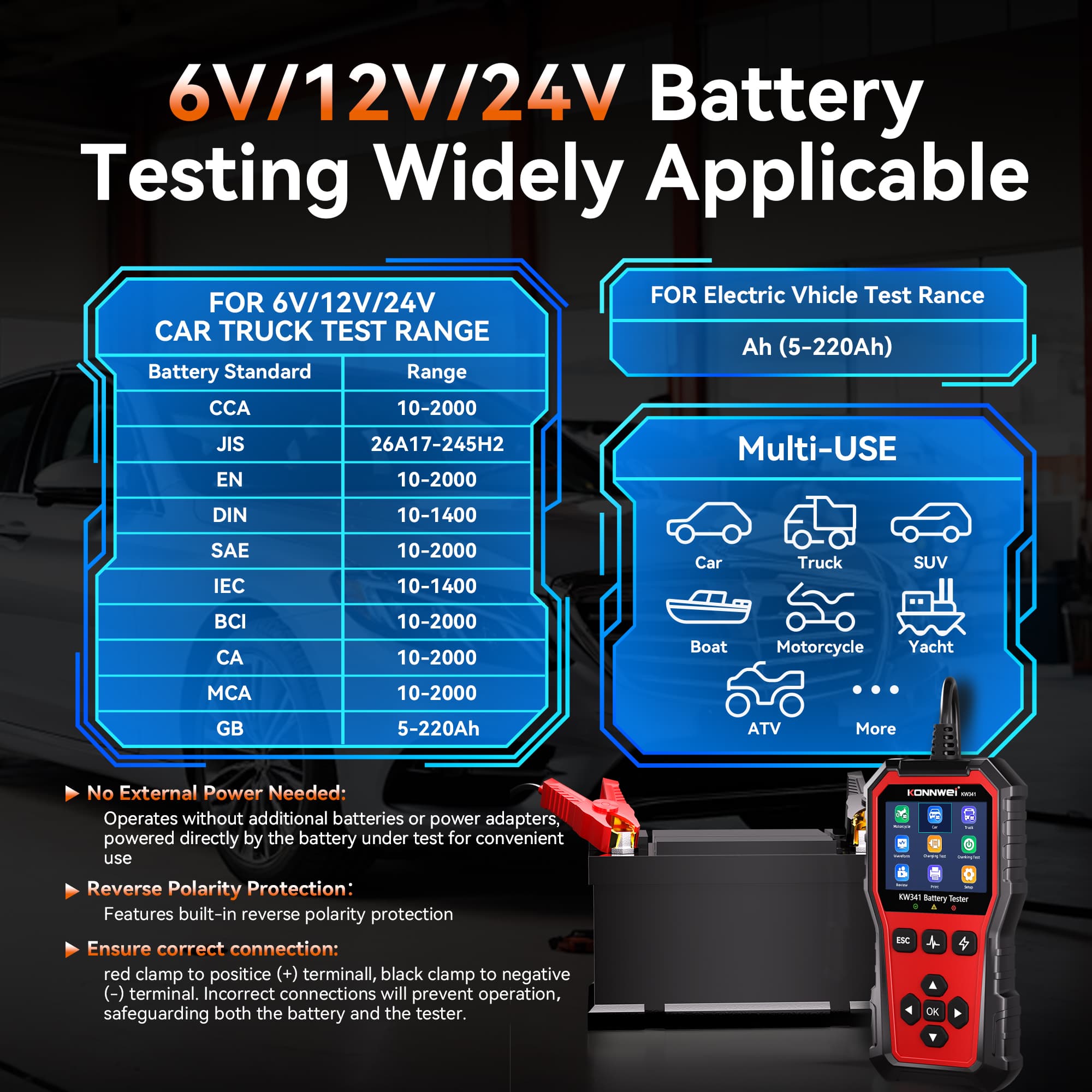 KONNWEI KW341 tester akumulatorów 6V / 12V / 24V - test ładowania, pod obciążeniem, żywotności itd. POLSKIE MENU (do osobowych, ciężarowych, motocykli)
