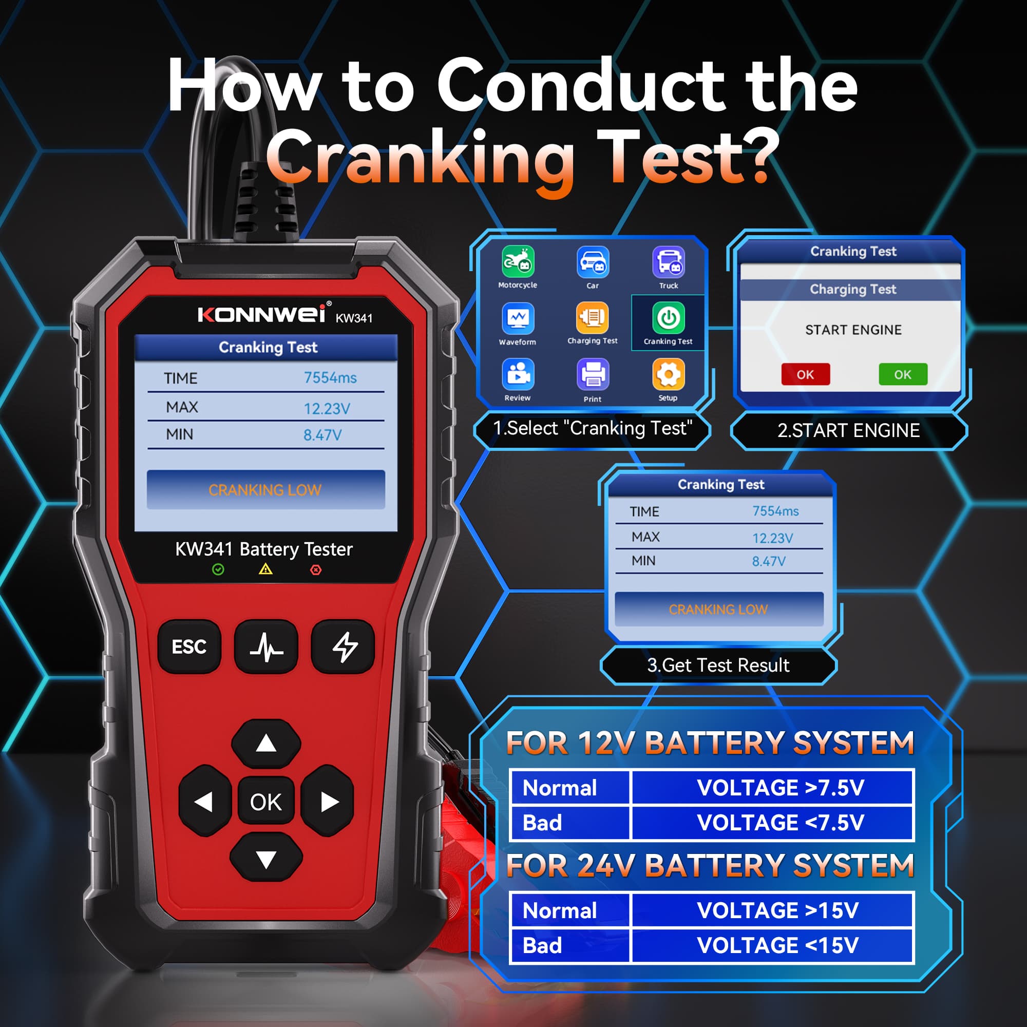 KONNWEI KW341 tester akumulatorów 6V / 12V / 24V - test ładowania, pod obciążeniem, żywotności itd. POLSKIE MENU (do osobowych, ciężarowych, motocykli)