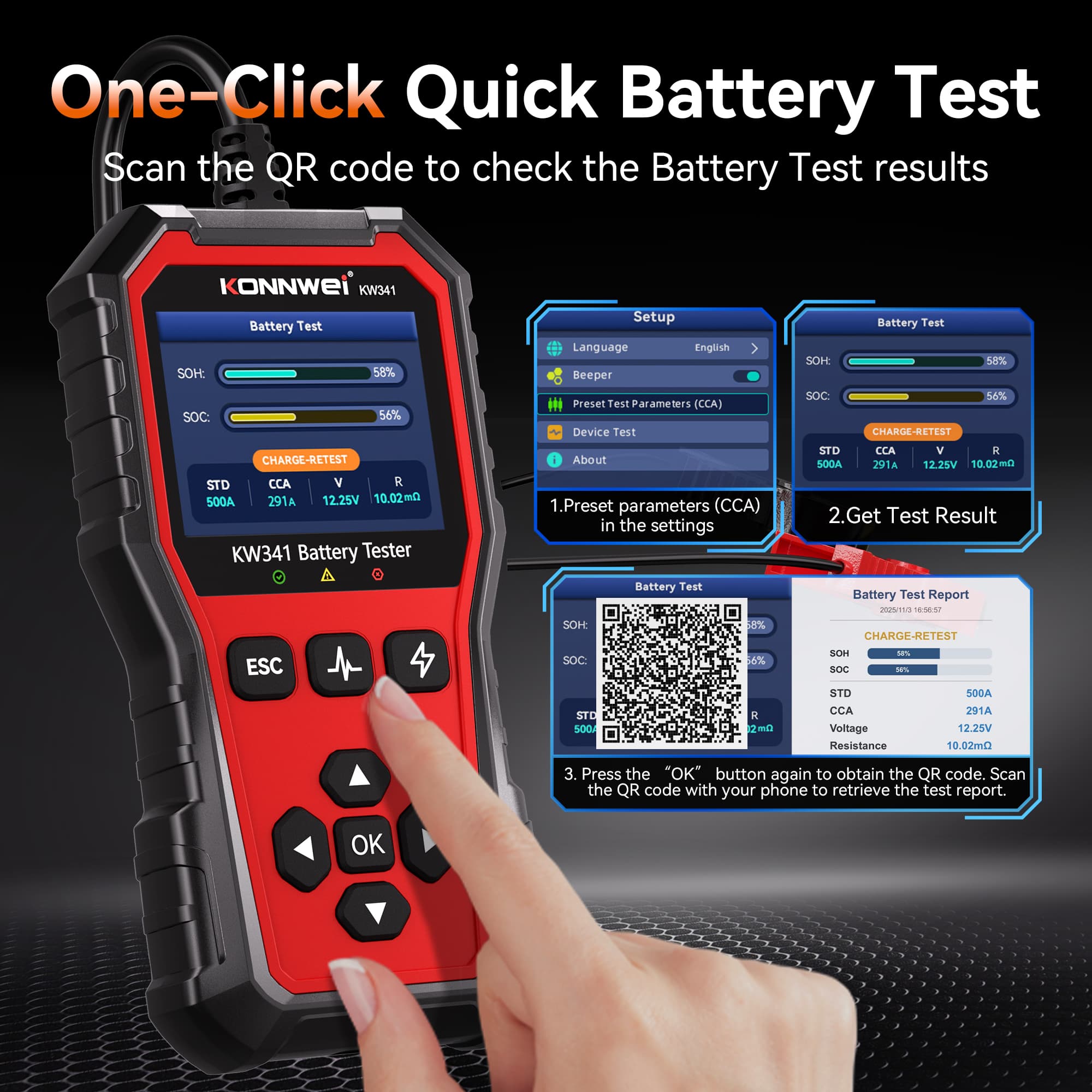 KONNWEI KW341 tester akumulatorów 6V / 12V / 24V - test ładowania, pod obciążeniem, żywotności itd. POLSKIE MENU (do osobowych, ciężarowych, motocykli)
