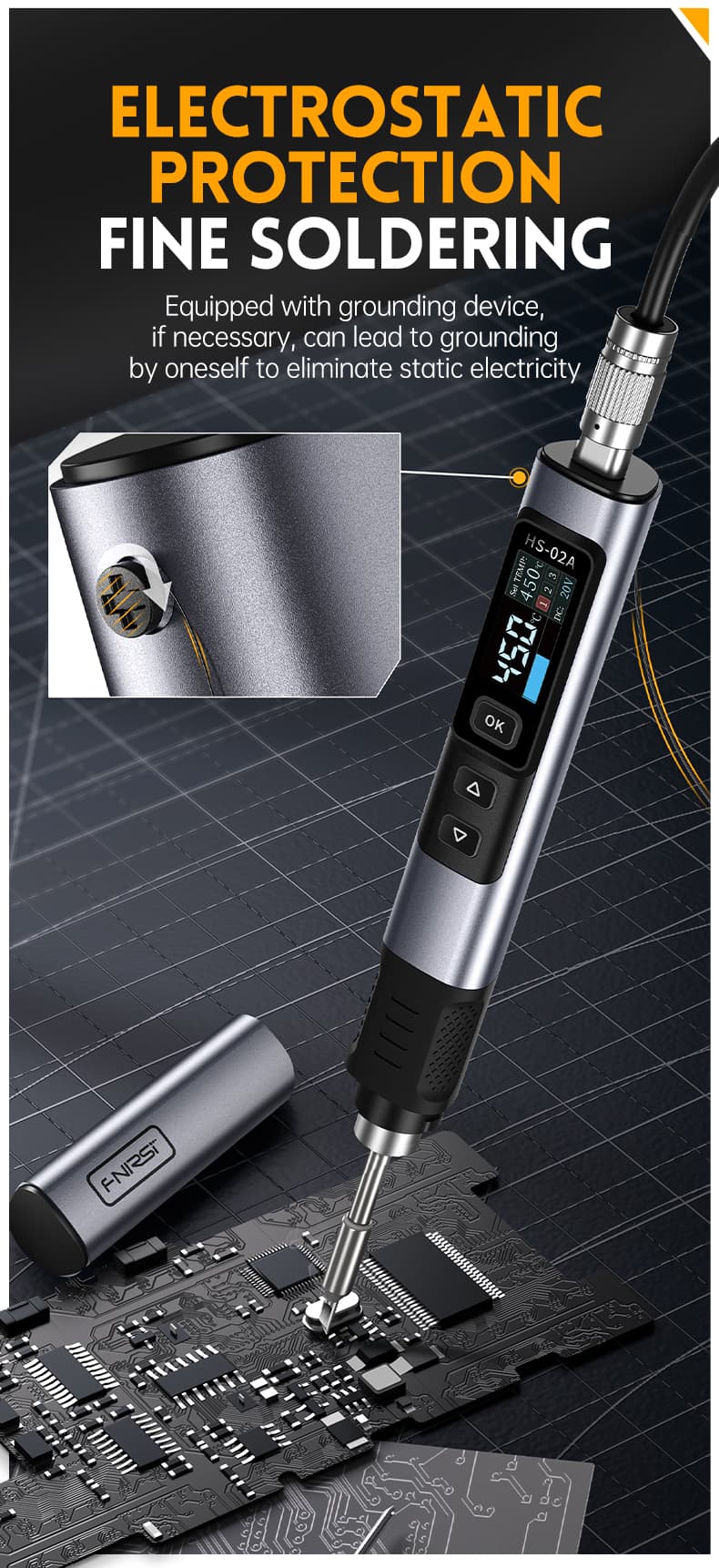 FNIRSI HS-02A przenośna lutownica cyfrowa 100W USB-C, 6 grotów + zasilacz GaN