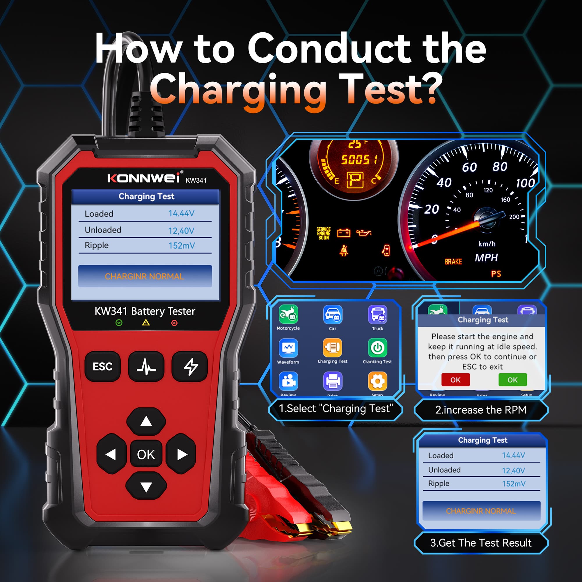 KONNWEI KW341 tester akumulatorów 6V / 12V / 24V - test ładowania, pod obciążeniem, żywotności itd. POLSKIE MENU (do osobowych, ciężarowych, motocykli)