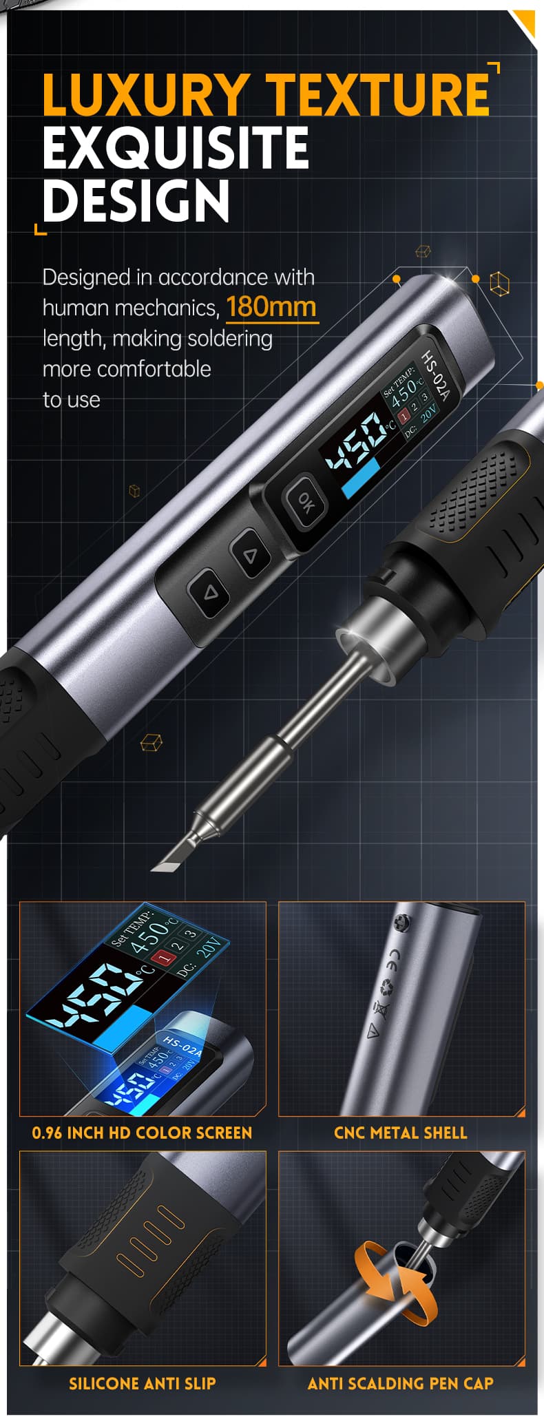 FNIRSI HS-02A przenośna lutownica cyfrowa 100W USB-C, 6 grotów + zasilacz GaN