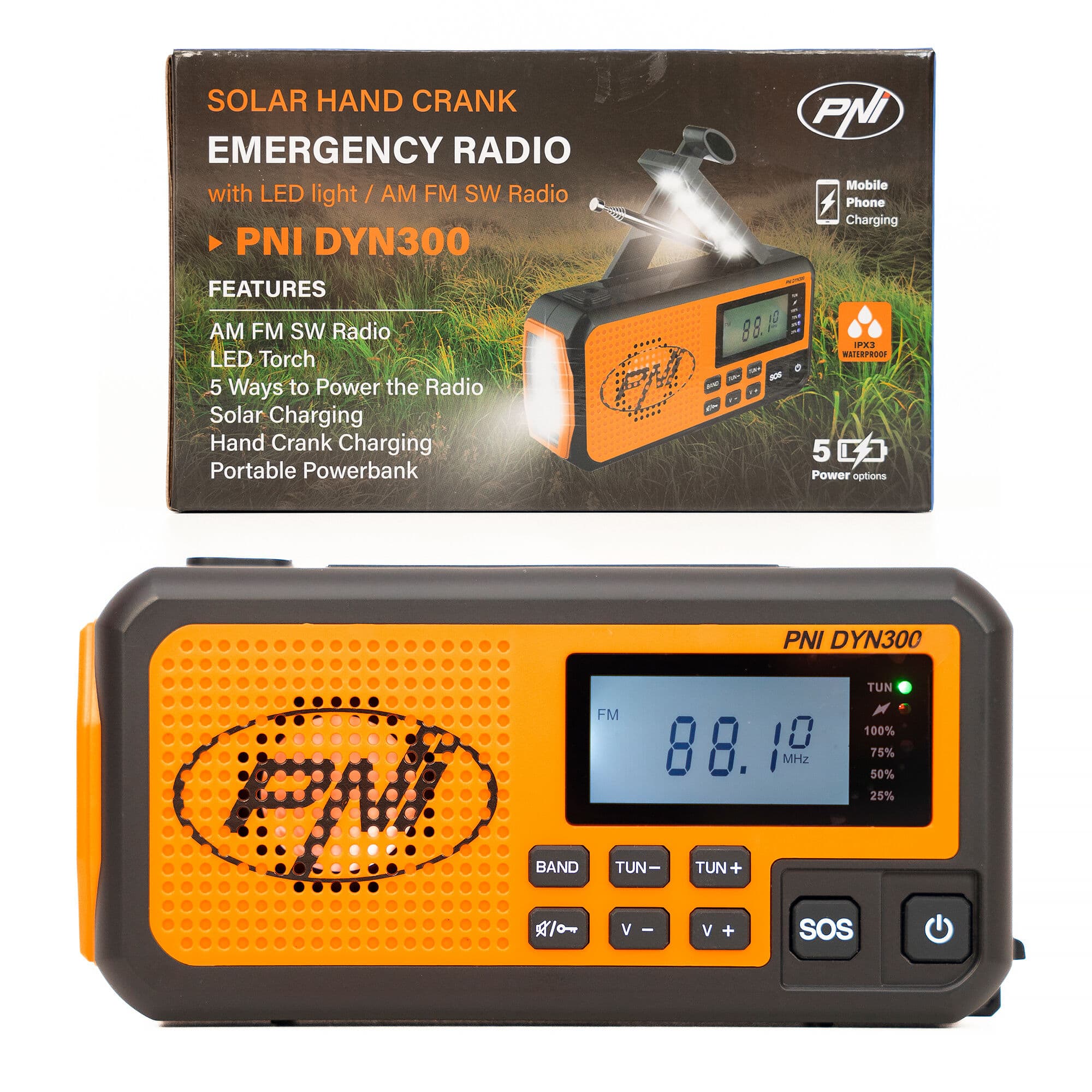 PNI DYN300 przenośne radio awaryjne AM/FM/SW, dynamo, latarka LED, powerbank 4000mAh - radio dla preppersa, survival