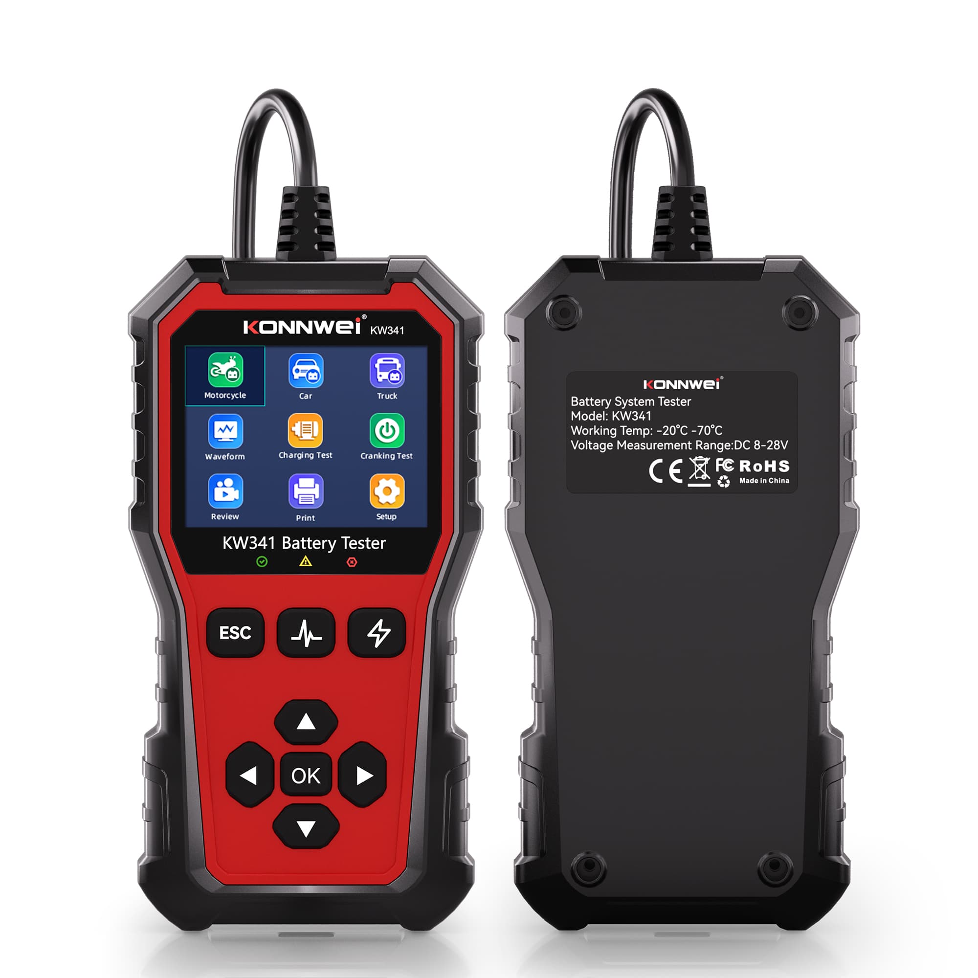 KONNWEI KW341 tester akumulatorów 6V / 12V / 24V - test ładowania, pod obciążeniem, żywotności itd. POLSKIE MENU (do osobowych, ciężarowych, motocykli)