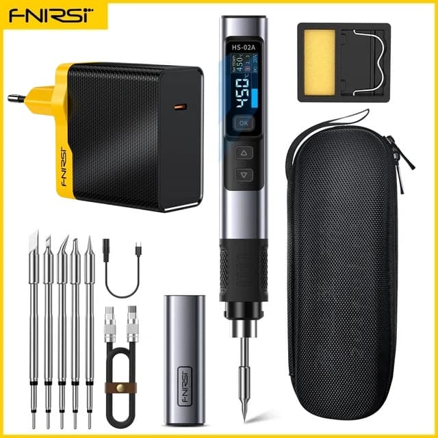 FNIRSI HS-02A przenośna lutownica cyfrowa 100W USB-C, 6 grotów + zasilacz GaN