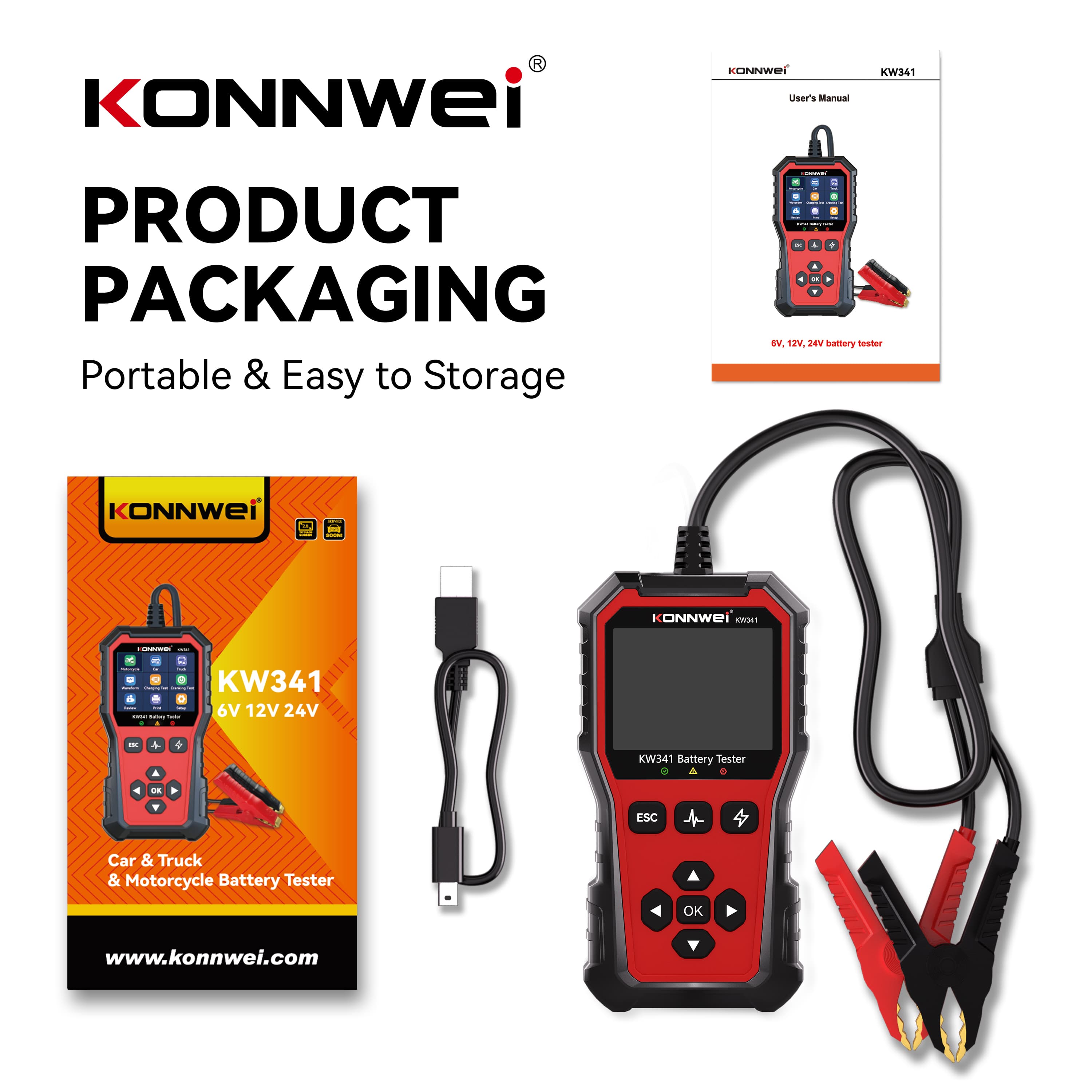 KONNWEI KW341 tester akumulatorów 6V / 12V / 24V - test ładowania, pod obciążeniem, żywotności itd. POLSKIE MENU (do osobowych, ciężarowych, motocykli)