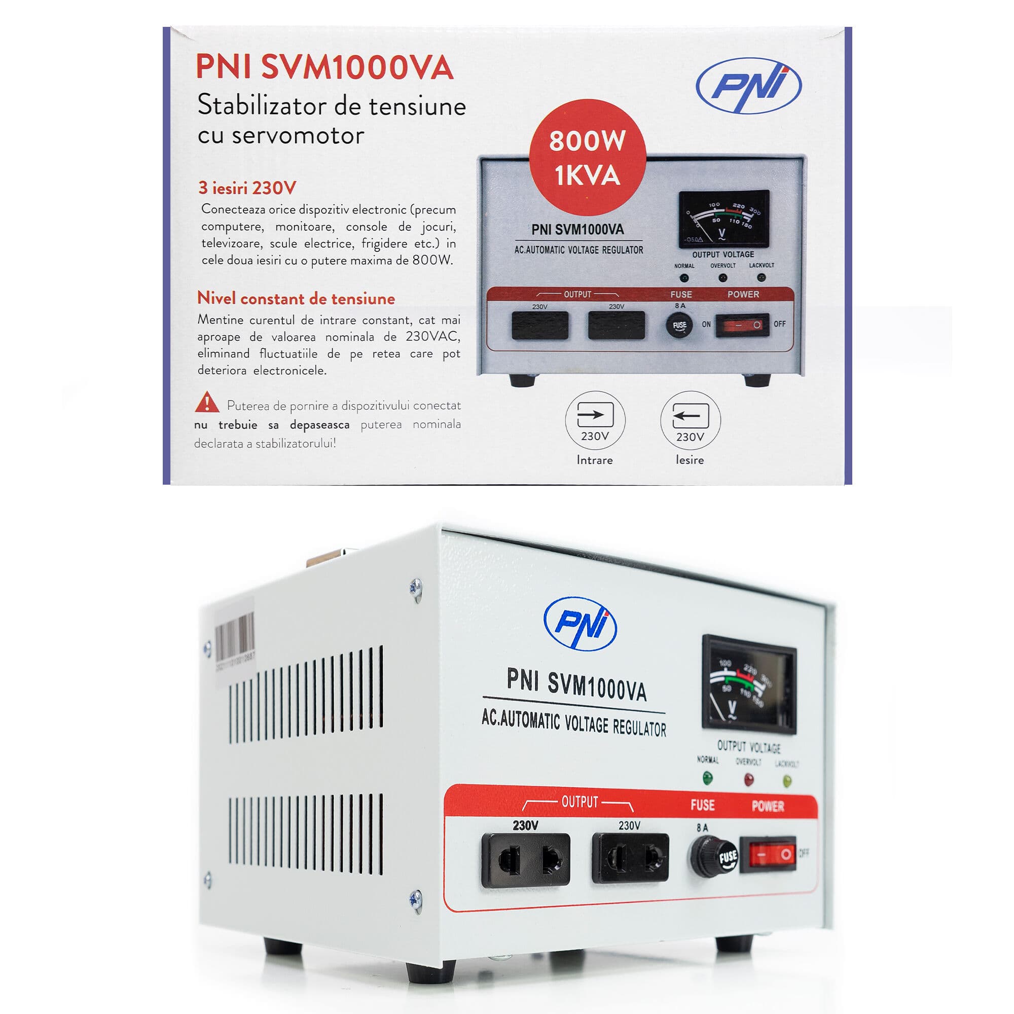 PNI SVM1000VA stabilizator napięcia AVR 1000VA / 800W, 170÷260V / 230V, precyzja 3% serwo, czysty SINUS - np. do agregatu, pompy, pieca CO, serwera