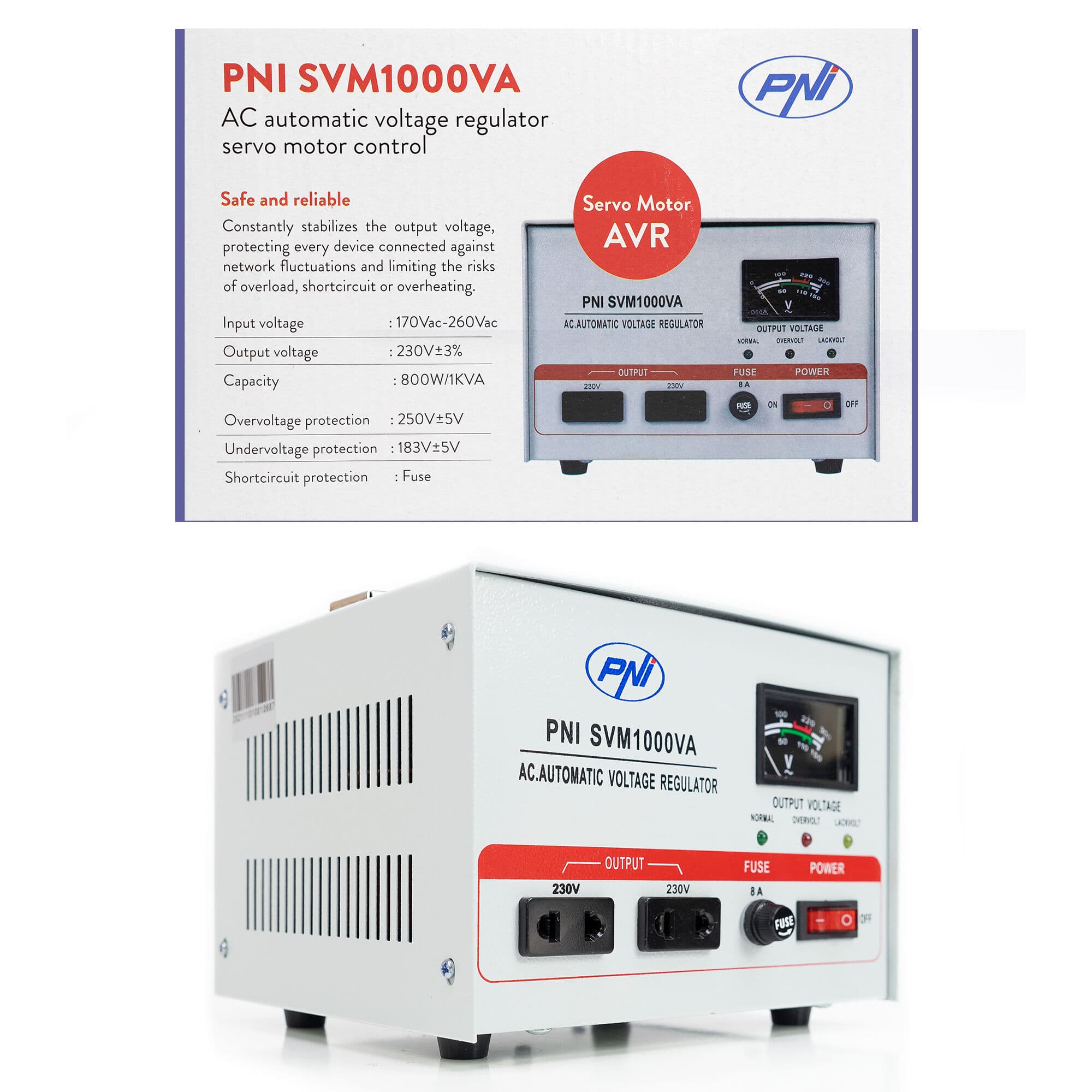 PNI SVM1000VA stabilizator napięcia AVR 1000VA / 800W, 170÷260V / 230V, precyzja 3% serwo, czysty SINUS - np. do agregatu, pompy, pieca CO, serwera