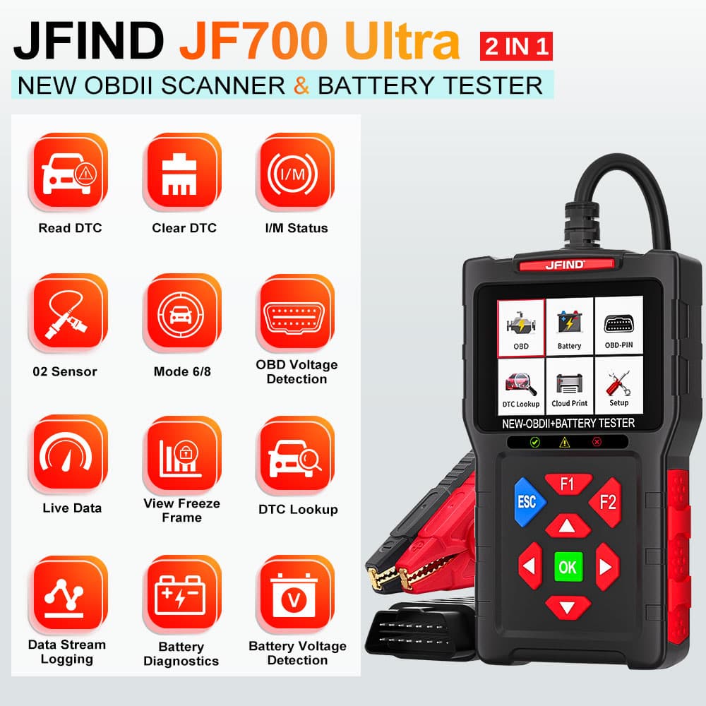 JFIND JF700 ULTRA 2w1 tester akumulatorów 12V/24V + skaner diagnostyczny OBD-2 - diagnostyka / odczyt i kasowanie błędów / test baterii POLSKIE MENU