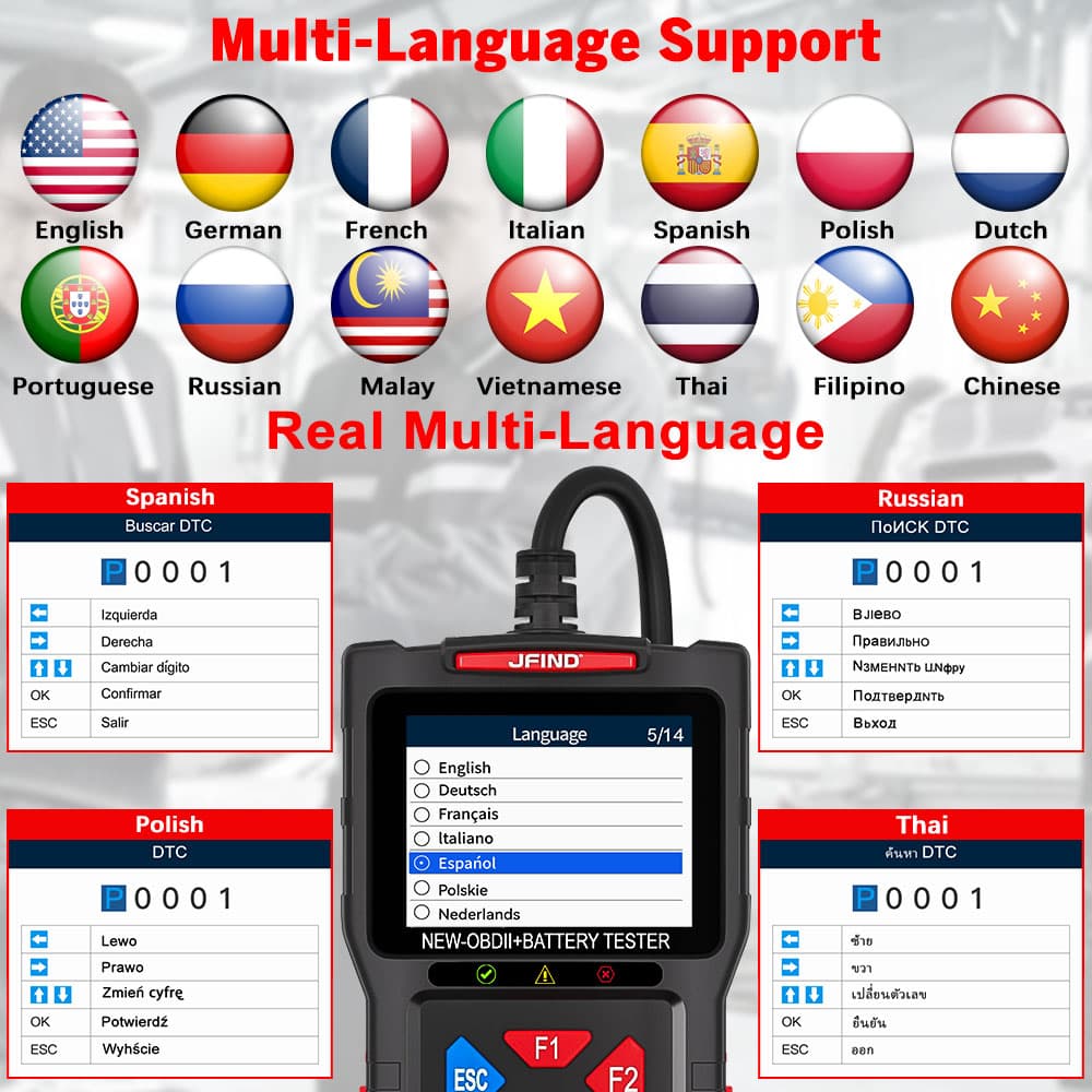 JFIND JF700 ULTRA 2w1 tester akumulatorów 12V/24V + skaner diagnostyczny OBD-2 - diagnostyka / odczyt i kasowanie błędów / test baterii POLSKIE MENU