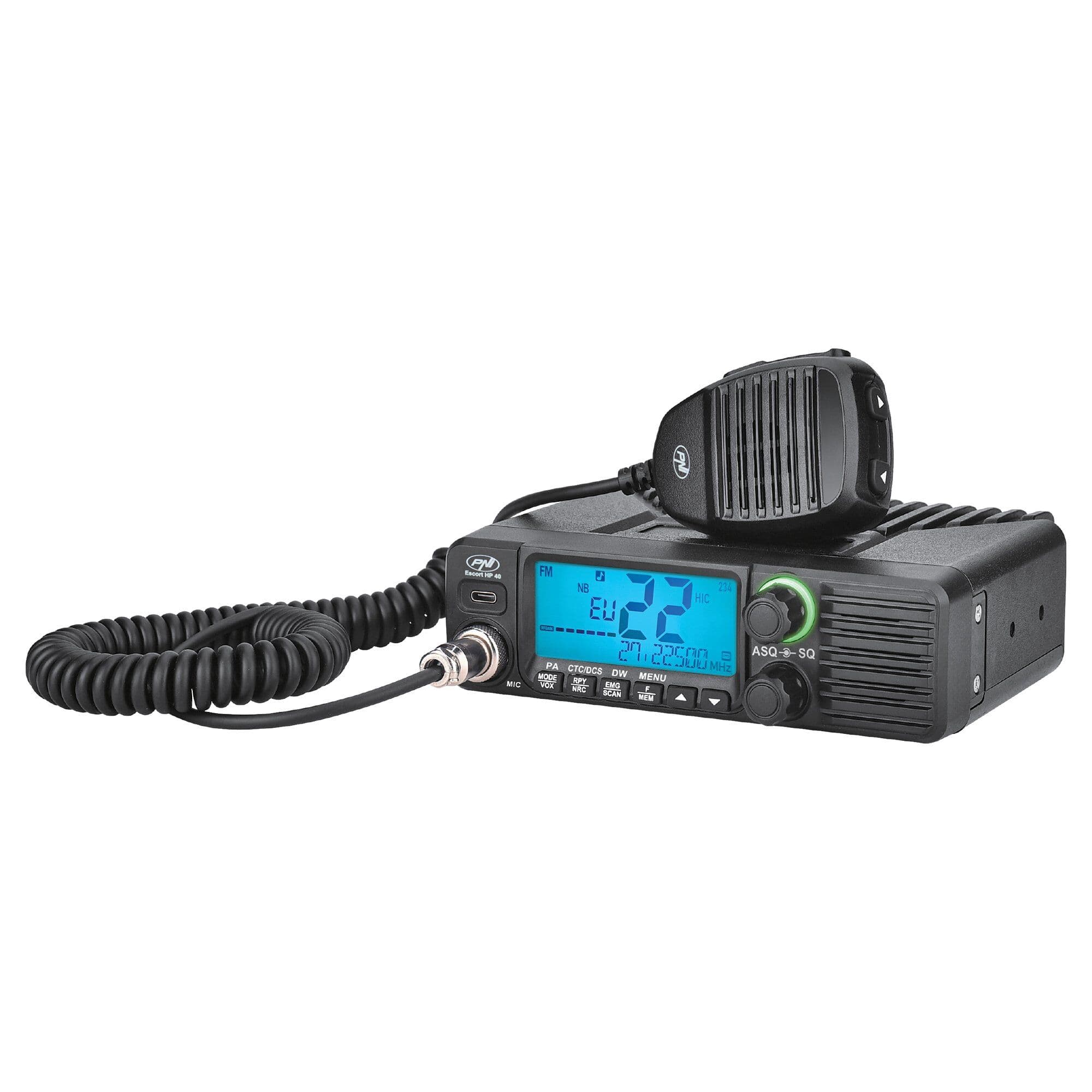 PNI Escort HP 40 CB radio AM/FM, zasilanie 12/24V, RF Gain, NRC, pomiar SWR, USB-C, montaż 1-DIN