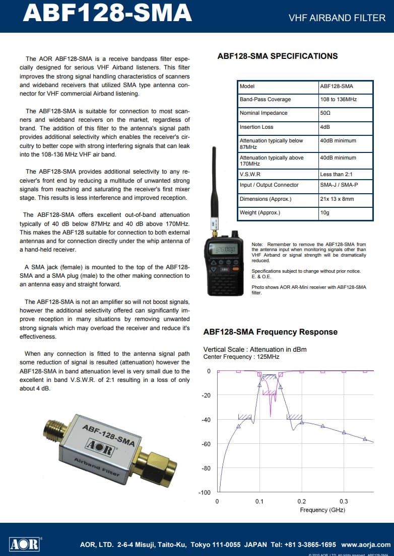AOR ABF128-SMA filtr pasmowy do skanerów, odbiorników SDR - 108-136MHz pasmo lotnicze - złącza SMA np. do RTL-SDR, SDRPlay