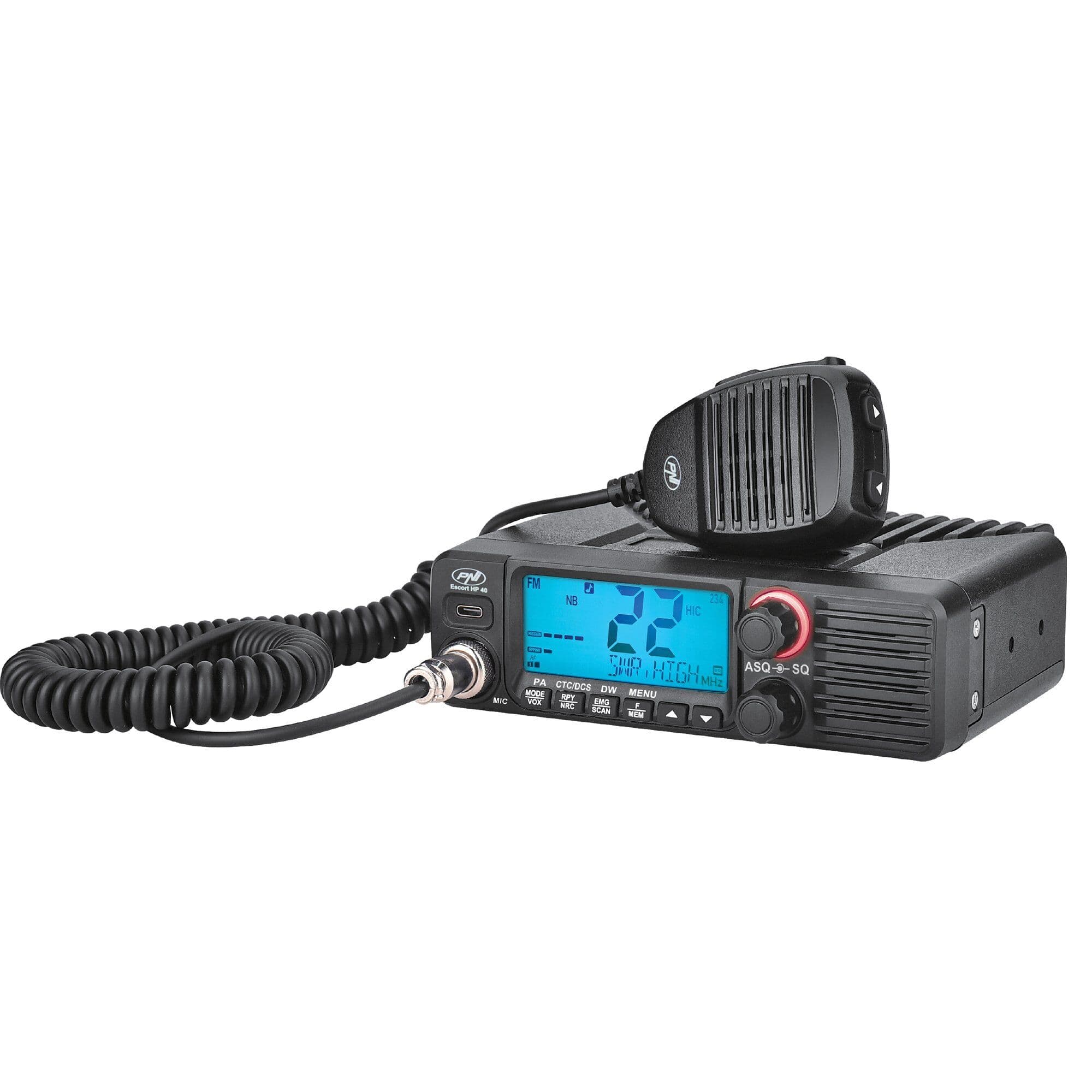PNI Escort HP 40 CB radio AM/FM, zasilanie 12/24V, RF Gain, NRC, pomiar SWR, USB-C, montaż 1-DIN