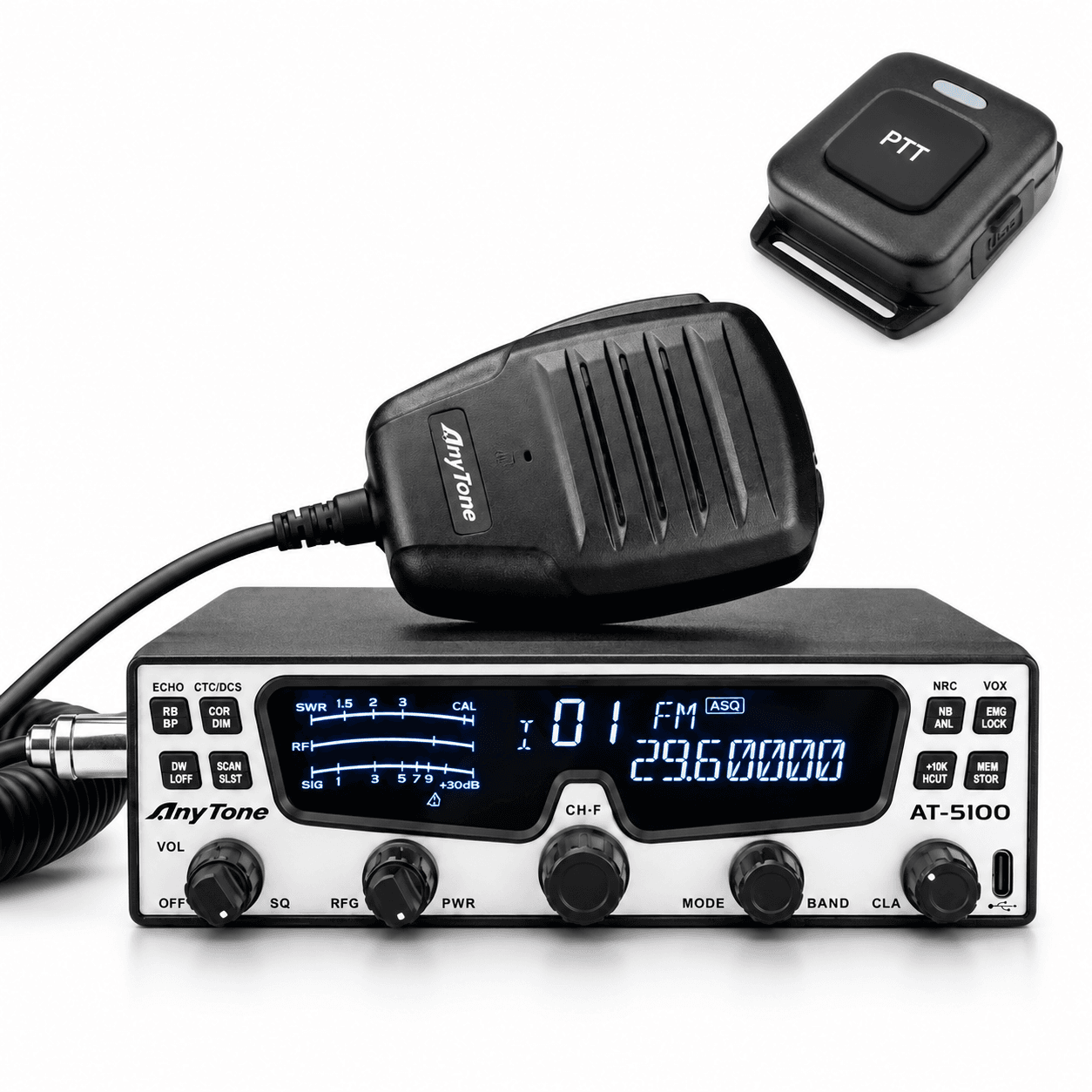 AnyTone AT-5100BT EXPORT kompaktowy radiotelefon amatorski 24-30MHz AM/FM/SSB 30W z ASQ, RF Gain, Bluetooth, NRC