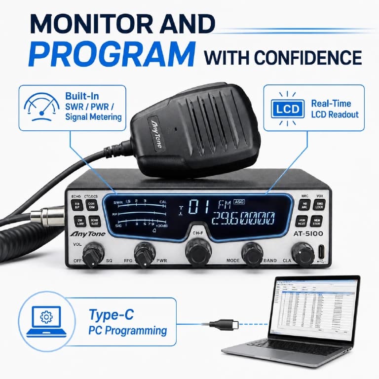 AnyTone AT-5100BT EXPORT kompaktowy radiotelefon amatorski 24-30MHz AM/FM/SSB 30W z ASQ, RF Gain, Bluetooth, NRC